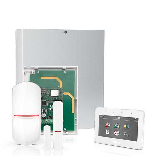 INTEGRA 32 RF pack met wit INT-TSG 4.3" touchscreen bediendeel, IP module, RF module, draadloze multifunctionele detector en PIR
